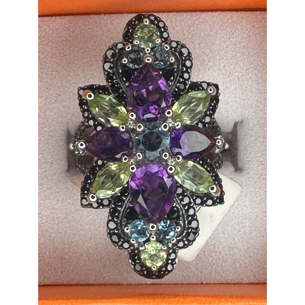 DK Sterling Silver Amethyst Peridot Topaz Spinel Cocktail Ring Size 5- NEW